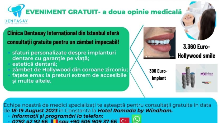 Clinica Dentasay Internațional revine la Constanța pentru consultații gratuite pe 18 și 19 august 2023.